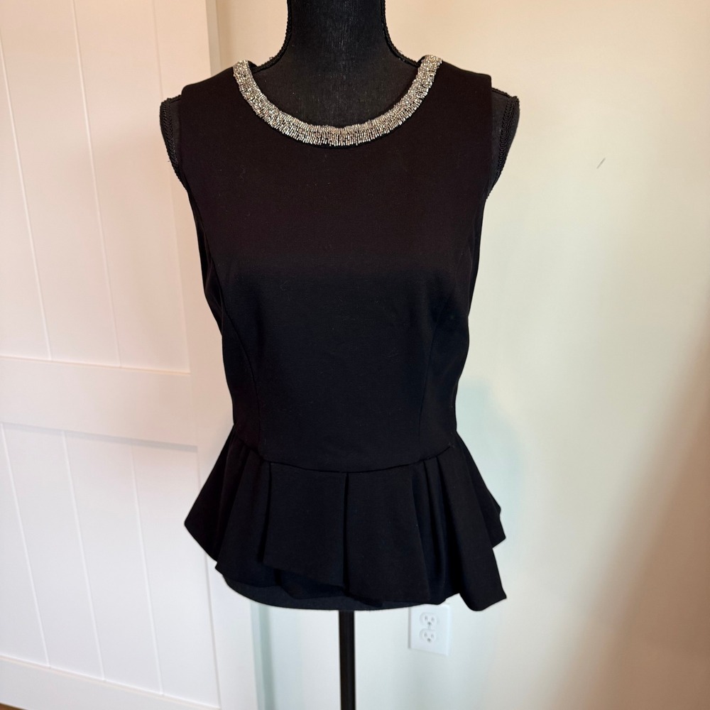 White House Black Market Black Beaded Neckline Peplum Top Sleeveless Size 10